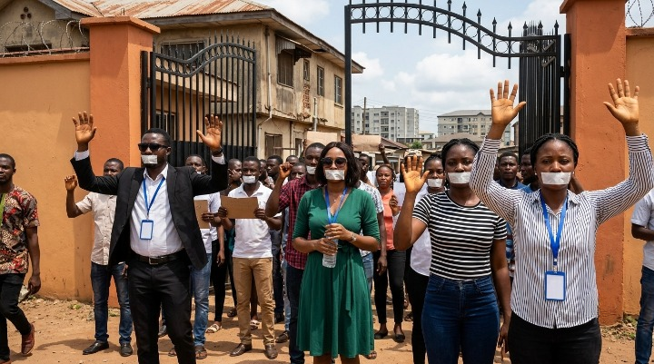 Uganda Media Crackdown Draws Global Condemnation Over Press Freedom Concerns People protesting with taped mouths