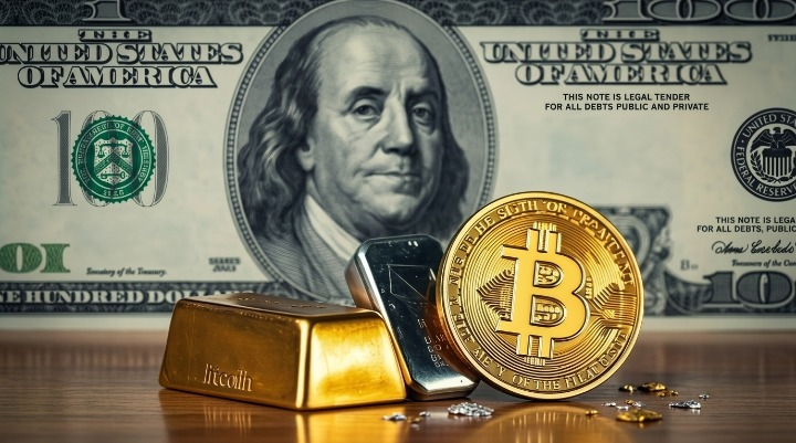 Gold Stays Above Rs. 431,000 as Investors Watch Bitcoin and Dollar Trends US Dollar, Bitcoin, Gold, and Silver in one frame