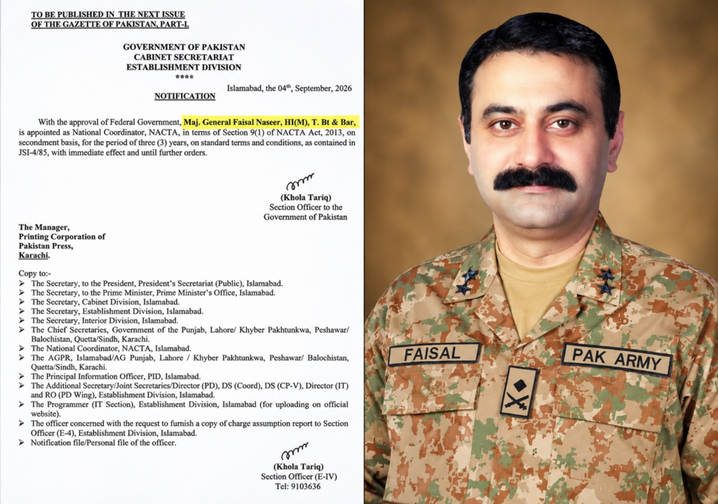 Maj Gen Faisal Naseer Appointed NACTA National Coordinator